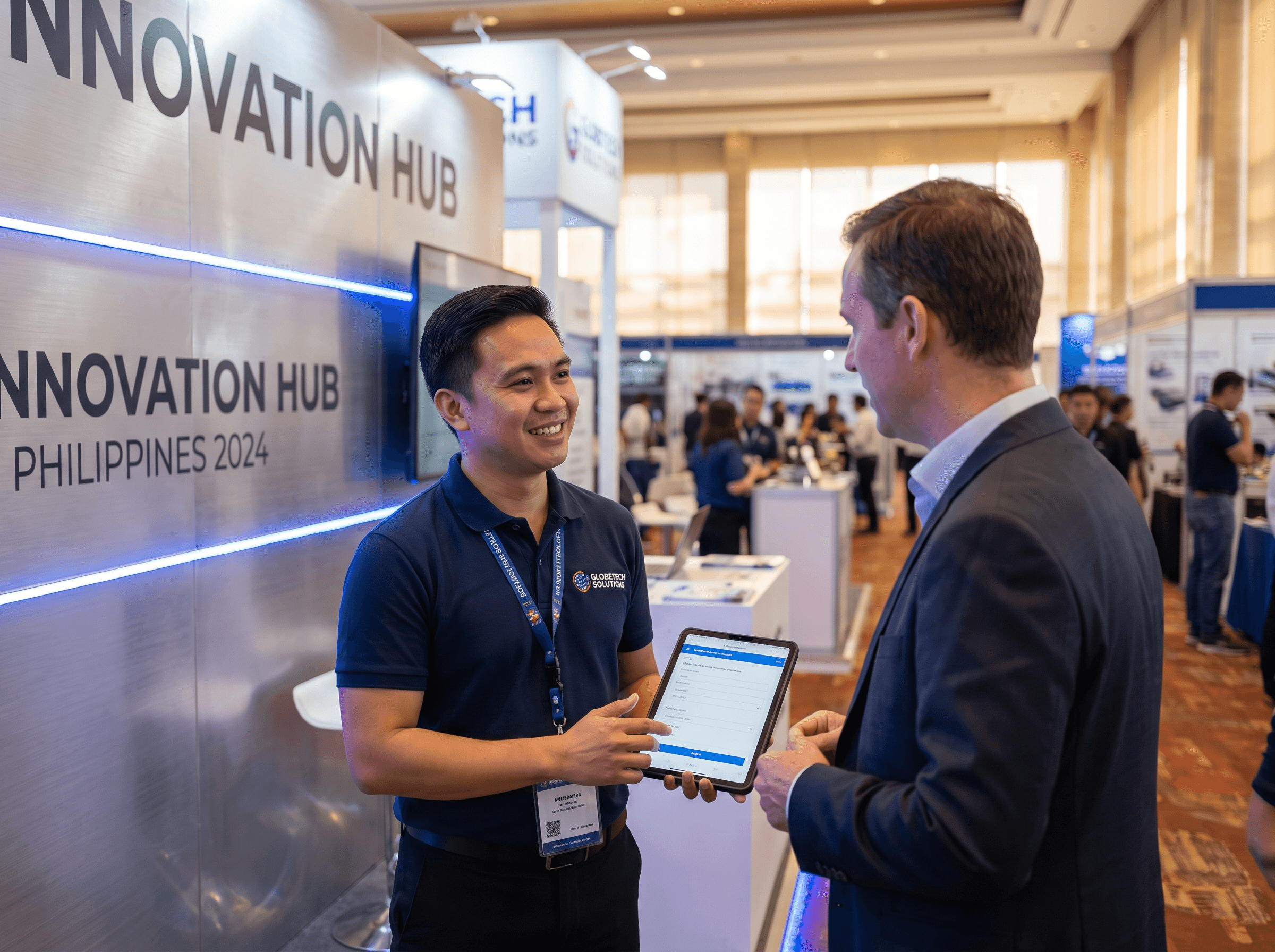 Brand ambassador engaging a buyer at an expo booth