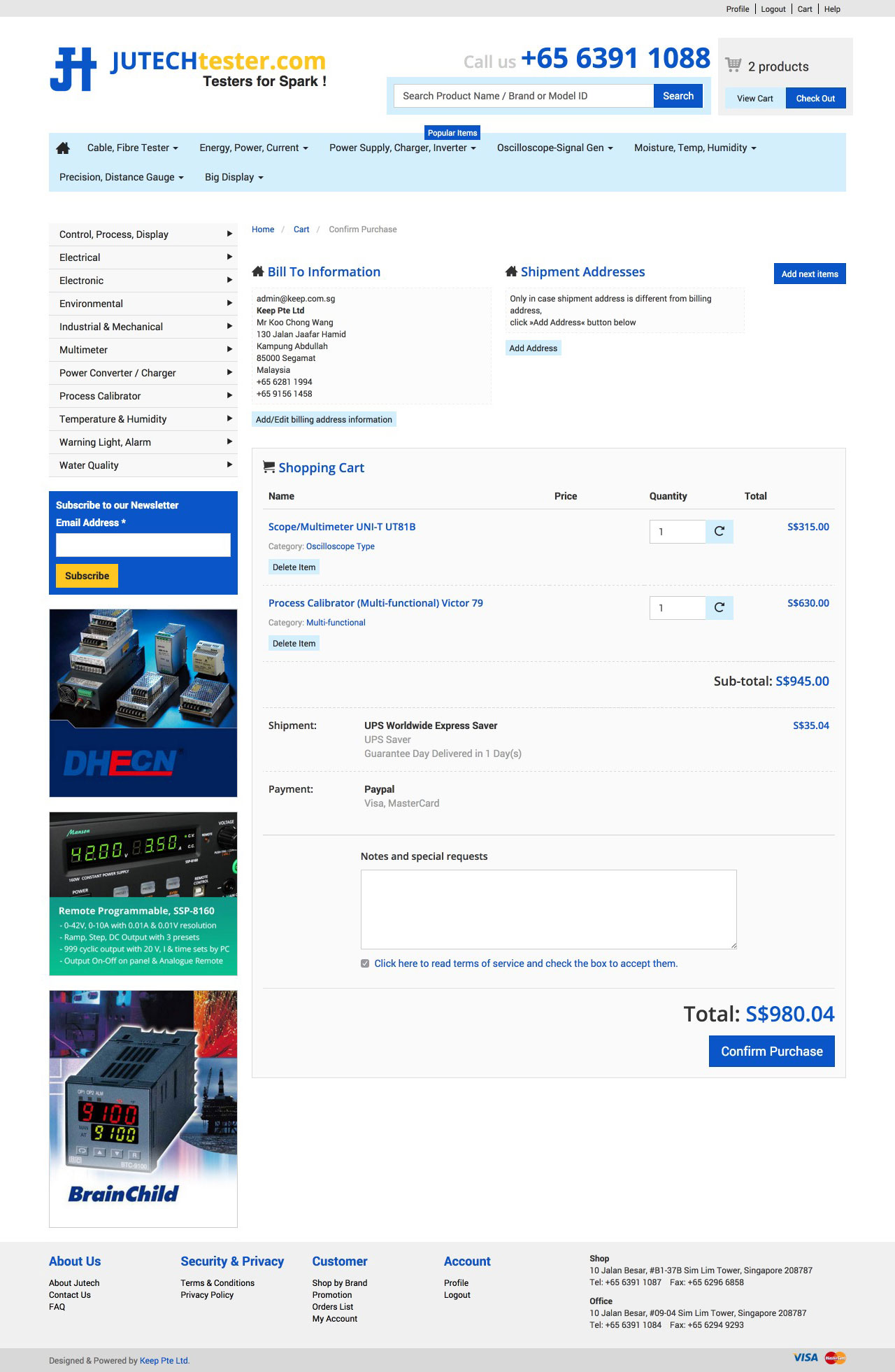 Jutech Electrical & Electronic Pte Ltd website shopping cart page